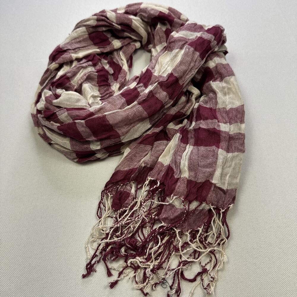 Tickled Pink Plaid Scarf Burgundy Wine White Checked Lightweight Fringe Crinkle
